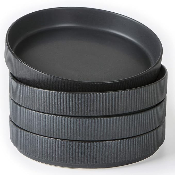 famiware Star 8.25" Pasta Bowls, Large Dinner Bowls Set of 4, Salad Bowl Plates, Shallow Bowls for Eating, Matte Dark Charcoal (Full Glaze)
