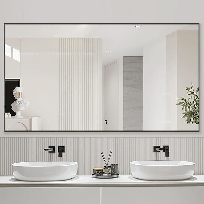 60x36 Inch Black Bathroom Mirror for Wall, Aluminum Frame Rectangle Rectangular Vanity Mirror, Modern Large for Bedroom, Living Room, Horizontal or Vertical