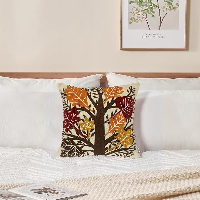 Alysheer Embroidered Fall Decorative Throw Pillow Cover 18"x 18", Boho Farmhouse Cottage Tufted Embroidery Pattern Cotton Canvas Orange Cushion Case for Sofa Couch Bed Living Room Decor(Maple Leaves)