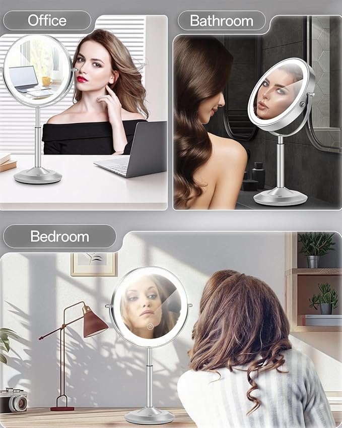 Makeup Mirror with Lights, 1X/30X Lighted Magnifying Mirror Height Adjustable, 3000mAh Rechargeable Double Sided Vanity Mirrors with 3 LED Lighting and Adjustable Brightness for Desk Women Gift