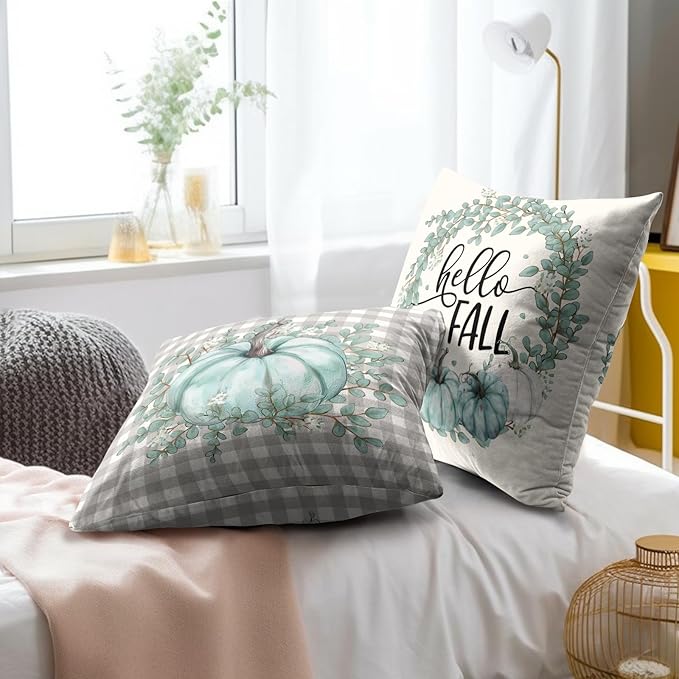 Fall Pumpkin Throw Pillow Covers - Autumn Harvest Pillow Covers 20x20 Teal Grey Pumpkins Pillow Cases Thanksgiving Cushion Case for Farmhouse Porch Patio Outdoor Indoor Home Decor