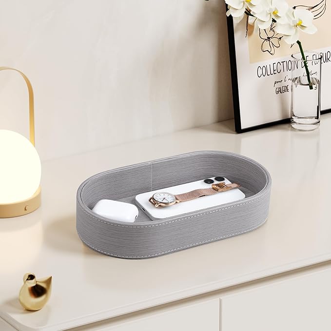Oval Desk Valet Tray, PU Leather Perfume Dish Bowl for Keys Wallet Watch, Decorative Trinket Vanity Jewelry Tray, Entryway Nightstand Organizer Women Men (Grey)