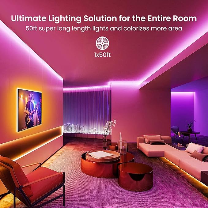 GUPUP WiFi Led Lights 50 ft, Smart App Controlled Led Strip Lights, Compatible with Alexa and Google Assistant Devices, Voice Control,Music Sync,Color Changing Tape Lighting