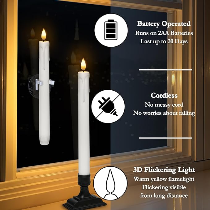 Homemory 6 Pcs Window Candles with Remote Timer Dimmer, Battery Operated Candlesticks with Holders and Suctions, White LED Christmas Candle for Window Xmas Holiday Decor