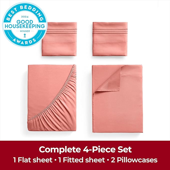 Mellanni Extra Deep Full Sheets - 4 PC Iconic Collection Bedding - Hotel Luxury, Ultra Soft, Cooling Bed Sheets - Wrinkle, Fade, Stain Resistant (Full, Coral)
