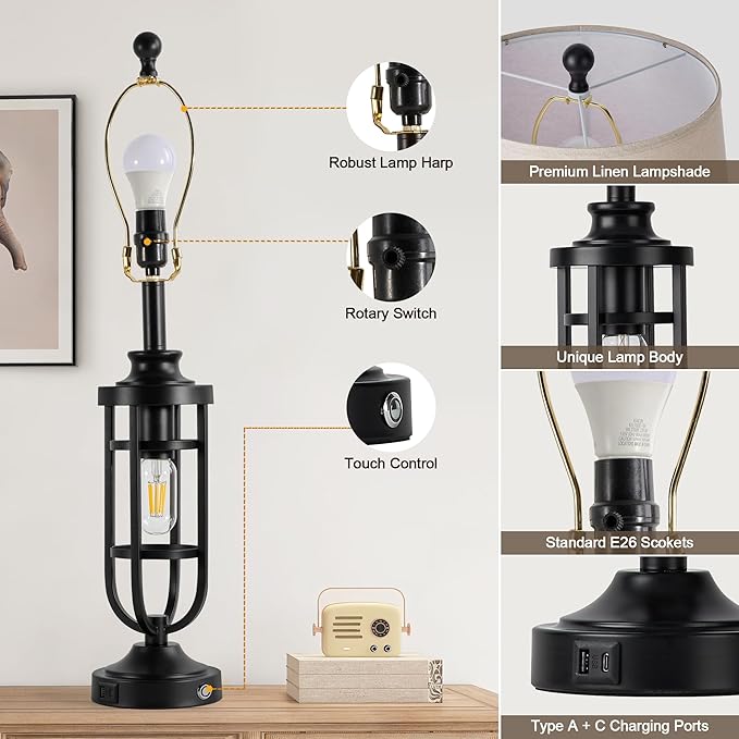 28" Table Lamps for Living Room Set of 2, Farmhouse Lamps for Night Stands with USB A+C, Bedside Lamps for Bedroom End Tables, Bulbs Included, Black