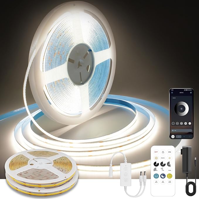 COB LED Strip Lights Natural White,24V Dimmable led Light Strip KIT with Remote and app Control,4000K 50FT/15m 8mm Wide Ra>90 Cuttable Flexible Strip Lights for Bedroom,Shelf,Cabinet