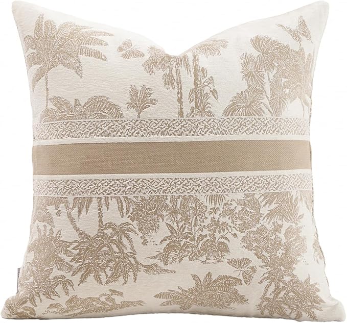 Premium Throw Pillow Covers 18x18 Inches - Jungle with Oatmeal Palm Tree Chenille Jacquard Embroidery Decorative Couch Pillow Covers for Living Room Bedroom Sofa Home Décor