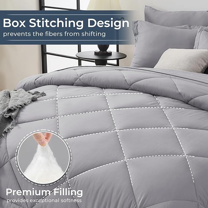 HEVUMYI Light Grey Twin Comforter Set - 5-Piece All Season Bed in a Bag Twin, Ultra Soft Bedding Set with Comforter, Flat Sheet, Fitted Sheet, Pillowcases, Pillow Shams, Light Gray