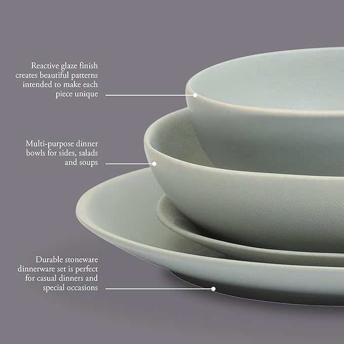 Gibson Elite Zion Mist 16 Piece Stoneware Reactive Glaze (Service for 4) Ceramic Plates and Bowls Modern Organic Dinnerware Set - Blue