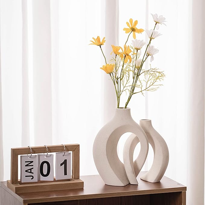 Levvohd Off White Hollow Ceramic Vase Set of 2, Round Modern Vase for Nordic Minimalist Book Style Shelf Decor, Donut Boho Aesthetic Vases for Trendy Home Living Room Entryway Coffee Table Decorative