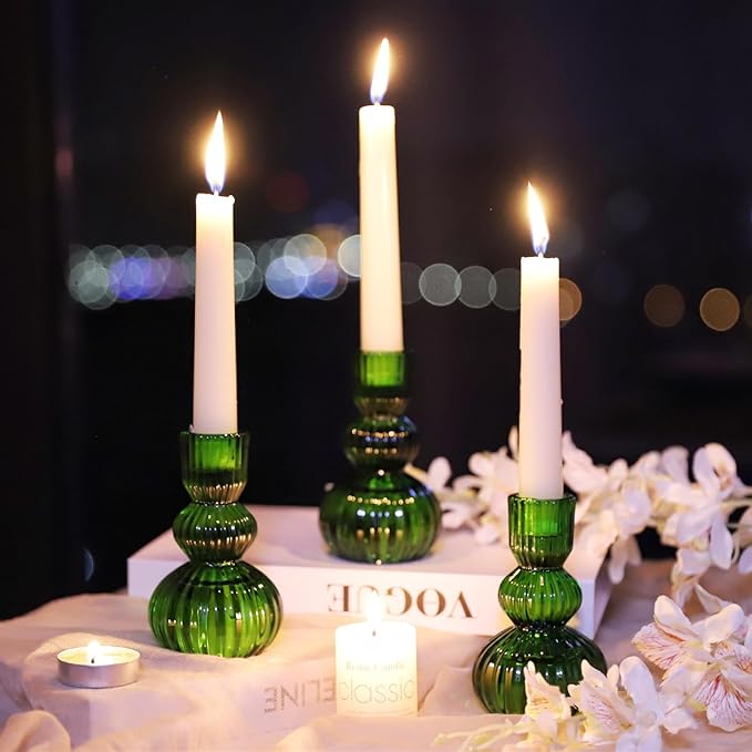 Woho Green Taper Candle Holders Set of 3 for Christmas Decorations, 4.3" H Ribbed Glass Candlestick Holders for Spring Wedding Table, Vintage Candle Sticks Holder Decor Home Decor