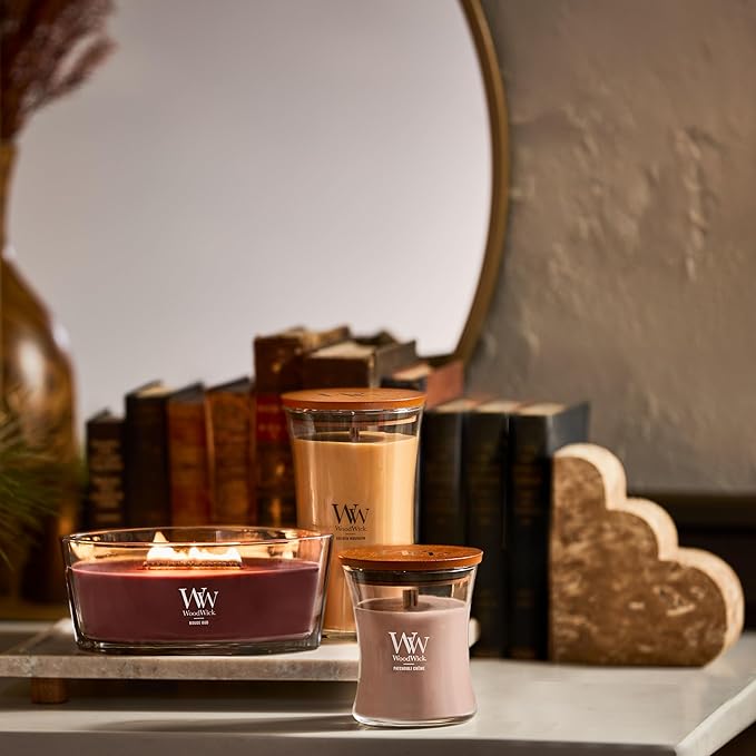 WoodWick Patchouli Crème Medium Hourglass Candle, Crackles as it Burns, Up to 65 hrs Burn time, Perfect for Gifting, 9.7 oz