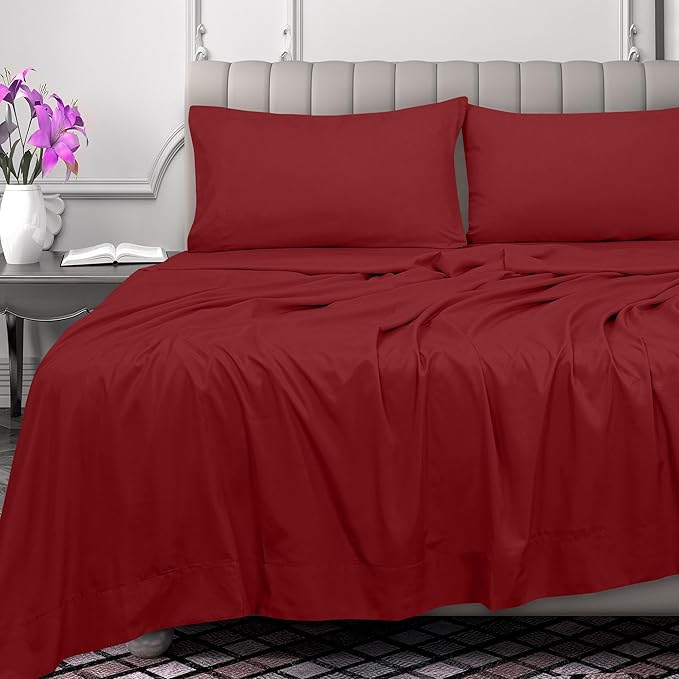 Royale Linens 300 Thread Count 100% Long Staple Combed Cotton Flat Sheet - Super Soft - Top Sheets - California King Flat Sheet Sold Separately - Breathable, Cool & Crisp Sheets Only (Cal King, Red)