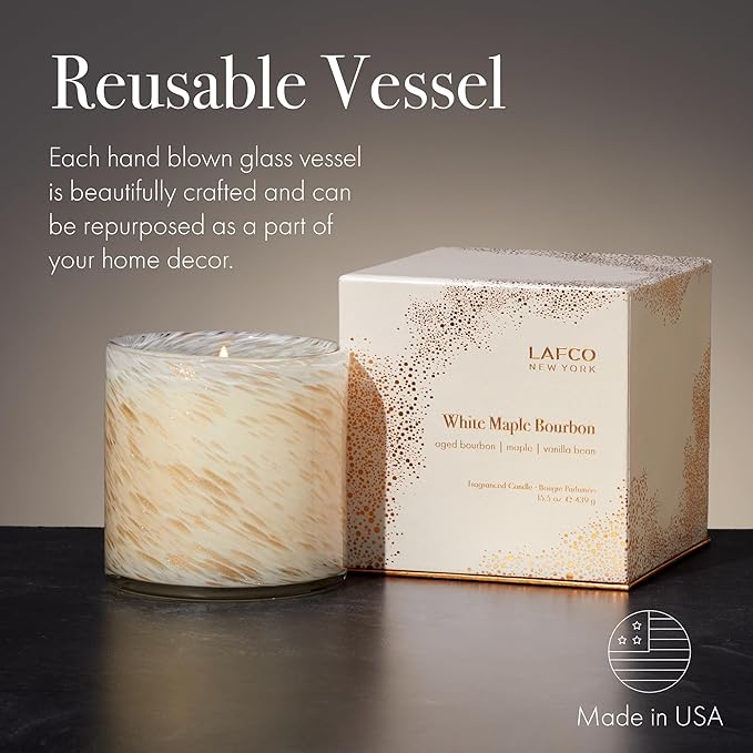 LAFCO New York Holiday Signature Candle, White Maple Bourbon - 15.5 oz - 90-Hour Burn Time - Reusable, Hand Blown Glass Vessel - Made in The USA