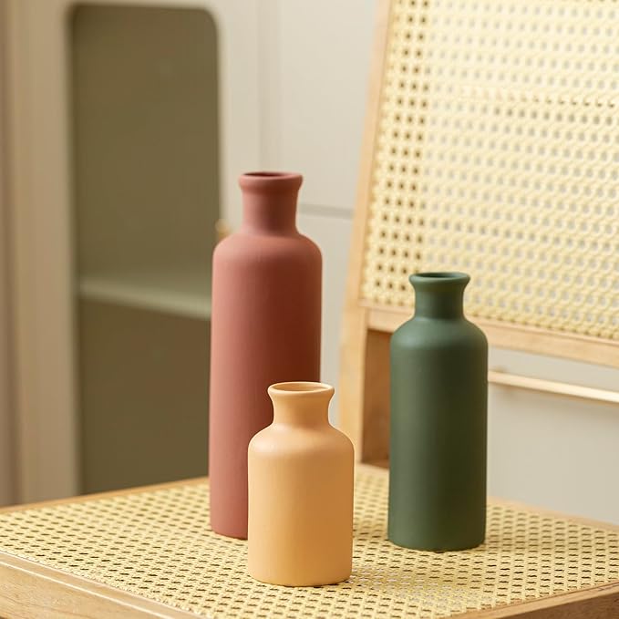 Modern Ceramic Vase Set of 3, Neutral Colors, Decorative Bottles for Home, Farmhouse Rustic Decor (Green Mix)