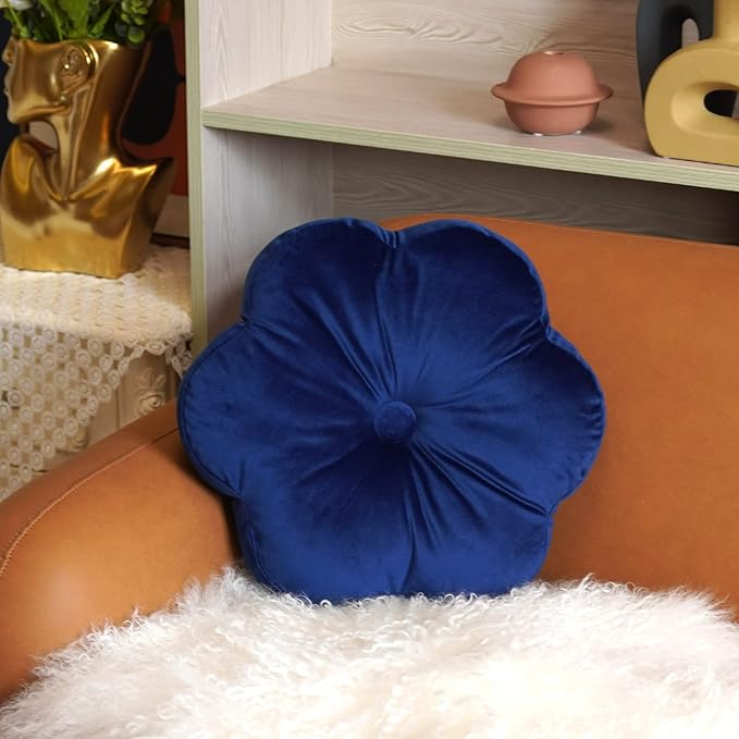 ARTMAGIC Flower Shaped Velvet Decorative Throw Pillow Cushion Ultra Soft Cute Floor Pillow for Couch Bed Sofa (Navy Blue)