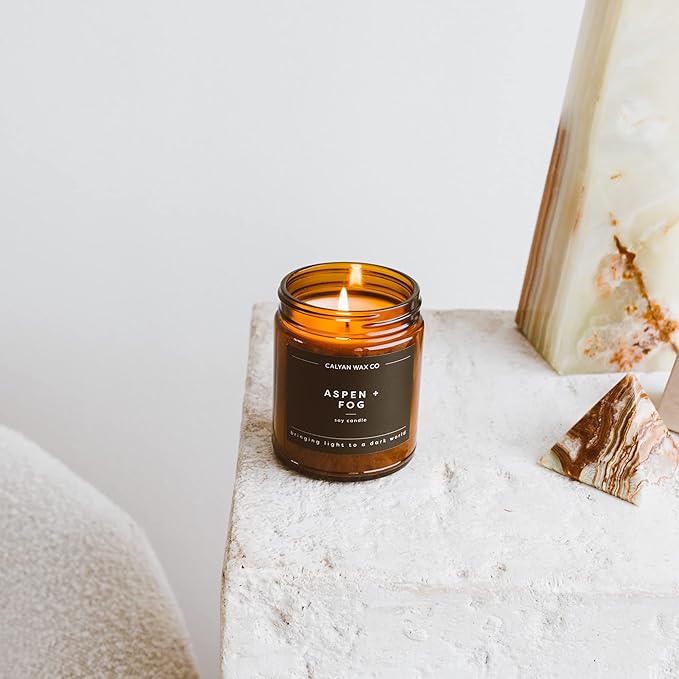 Calyan Wax Co. Soy Wax Candle, Aspen + Fog Scented Candle, 57 Hour Burn Time, Aromatherapy Soy Candles, Non Toxic & Vegan Soy Wax, Amber Glass Jar Scented Candles, 7.2oz