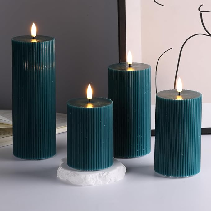 Teal Ribbed Flameless Pillar Candles with Remote, Flat Top Flickering LED Wax Battery Candles Set of 4, Φ 3" H 4" 5" 6" 8"