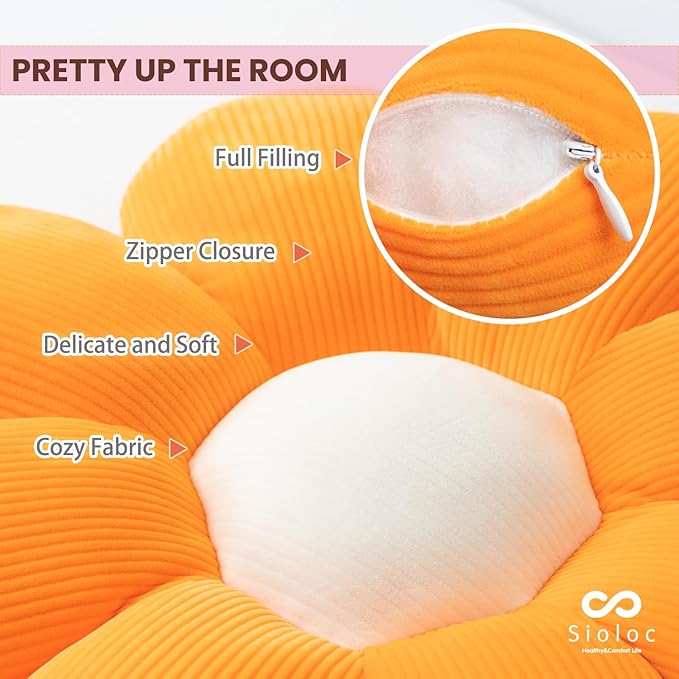 Sioloc Flower Pillow,Flower Shaped Throw Pillow Butt Cushion Flower Floor Pillow,Seating Cushion,Cute Room Decor & Plush Pillow for Bedroom Sofa Chair(Orange,23.6")