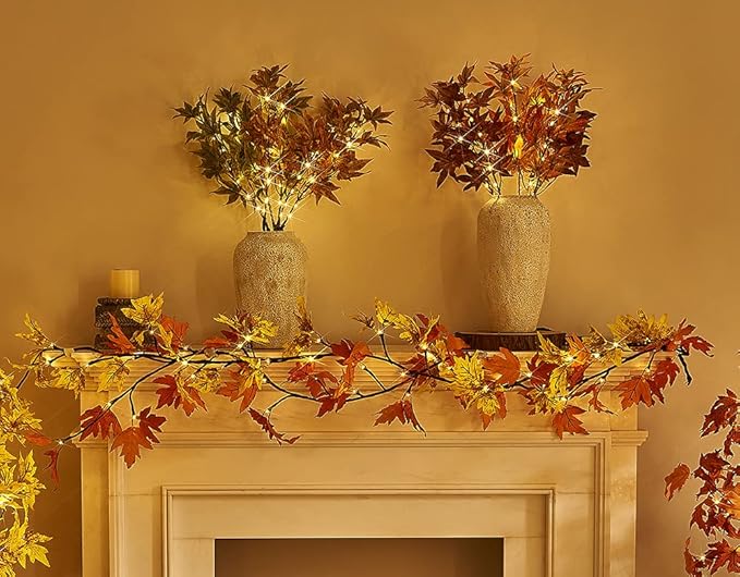 Hairui Lighted Maple Leaf Garland with Timer 6FT 24 Warm White LED, Fall Garland with Lights Battery Operated for Thanksgiving Harvest Christmas Wedding Decoration Indoor Outdoor