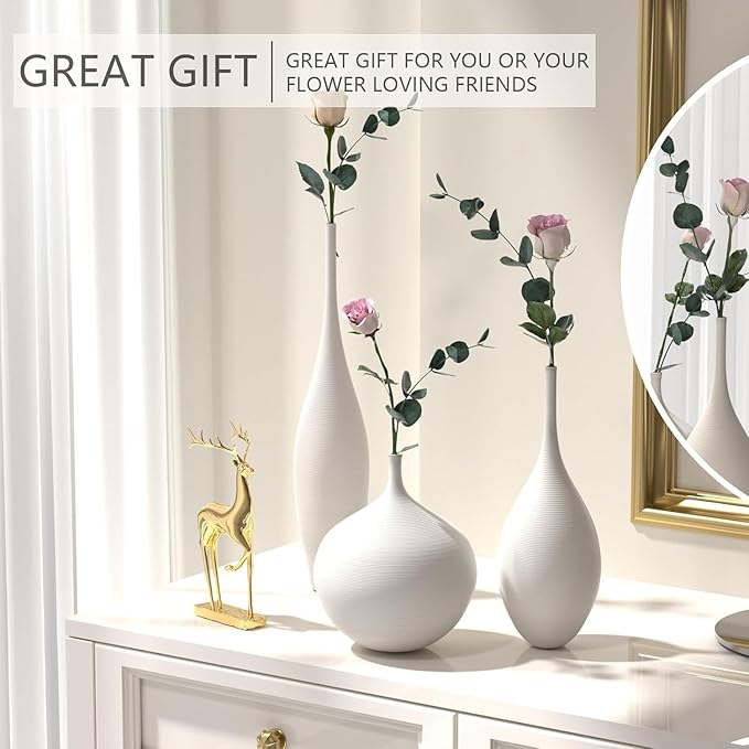 White Ceramic Vase Modern Boho Wabi-Sabi Flower Vase Set of 3 Decorative Aesthetic Vases for Centerpieces Pampas Matte Minimalist Vases for Living Room Table Shelf Home Decor Gift