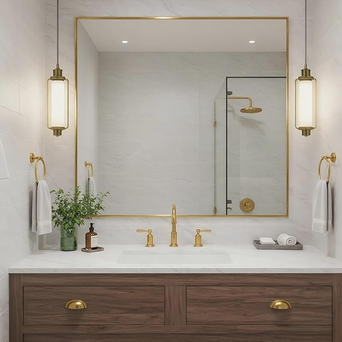 30x30 Inch Brass Bathroom Mirror for Wall, Aluminum Frame Rectangle Rectangular Vanity Mirror, Modern Large for Bedroom, Living Room, Horizontal or Vertical