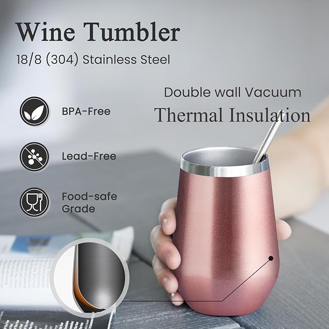 MEWAY Stainless Steel Wine Tumbler with Lid and Straw 12oz - Stemless Insulated Wine Cup Glasses for Coffee,Cocktails,Drinks,Champagne, and Office Use, Ideal for Parties and Gifts(Rose Gold. Set of 4)