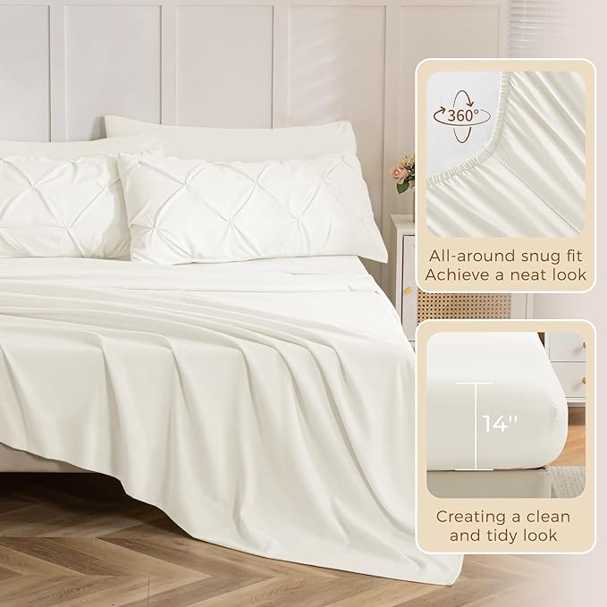 Sasttie Twin Comforter Set, 5-Piece Bed in a Bag, Pintuck Bedding Sets for All Season, Includes Comforter, Flat Sheet, Fitted Sheet, Pillowcase and Pillowsham, Ivory