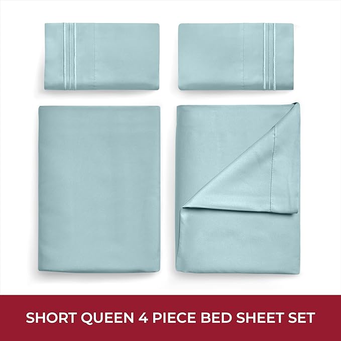 Mellanni RV Short Queen Sheets - 4 PC Iconic Collection Bedding - Hotel Luxury, Extra Soft, Cooling Bed Sheets - Deep Pocket up to 10 inch (RV/Short Queen, Spa Blue)