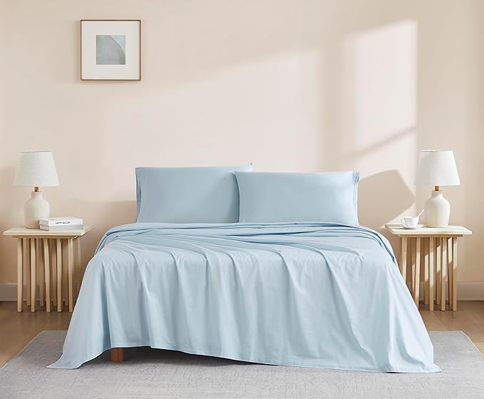 Linen Closet Organic 100% Cotton Queen Sheet 4 Pcs Set, 18” Deep Pocket, Light Blue | Lightweight, Eco-Friendly Cotton, Percale Softness, Durable & Breathable, Naturally Cooling | All Season Comfort