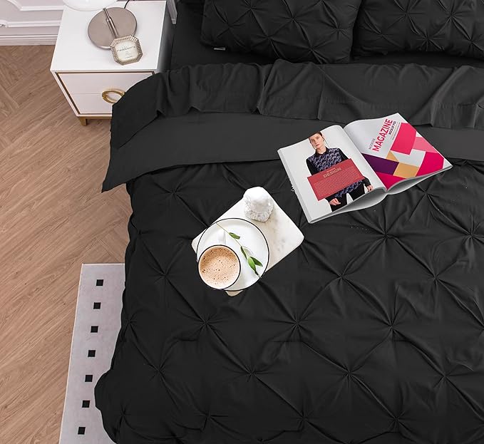 LANE LINEN Comforter Set - 7 Piece Complete Set Including Sheets, Pillowcases, Shams - Soft Premium King Size Bed in a Bag Set, Pintuck - Black