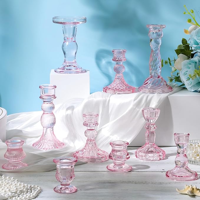 Mumufy 10 Pcs Glass Crystal Taper Candle Holders Clear Glass Candlestick Holder Fit 0.8 Inch Candles Crystal Decorative Candle Stand Centerpiece Table Wedding Dining Party (Classic,Pink)