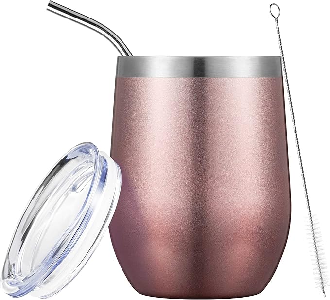 COMOOO 12oz Wine Tumbler with Lid and Straw, Insulated Wine Tumbler Cup, Stainless Steel Wine Glass Tumbler Stemless for Hot and Cold Drinks,Champagne,Cocktails, For Women, Rose gold