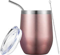 COMOOO 12oz Wine Tumbler with Lid and Straw, Insulated Wine Tumbler Cup, Stainless Steel Wine Glass Tumbler Stemless for Hot and Cold Drinks,Champagne,Cocktails, For Women, Rose gold