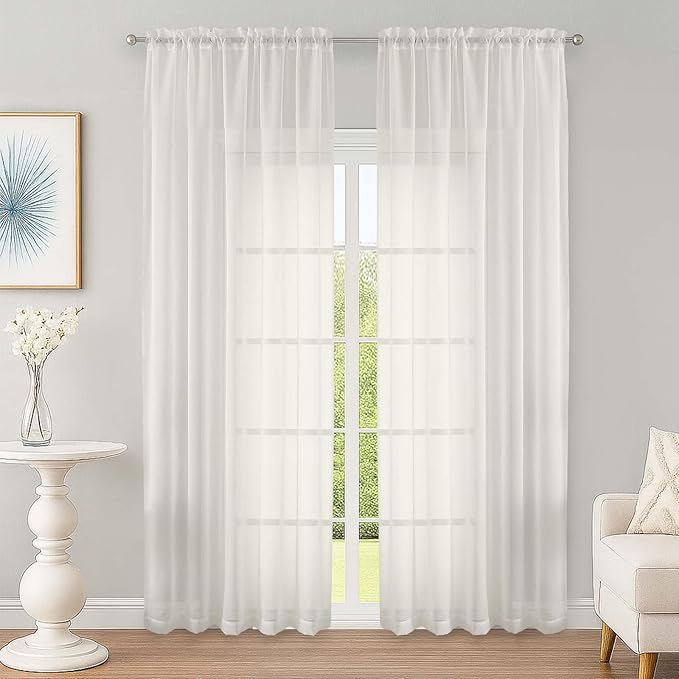 OWENIE Ivory Sheer Curtain 90 Inches Long 2 Panels Set, Solid Filmy Drapes for Living Room Bedroom, Elegant Window Voile Sheer Curtain Panels Drapes, 2 Pcs, Each 59W x 90L Inch