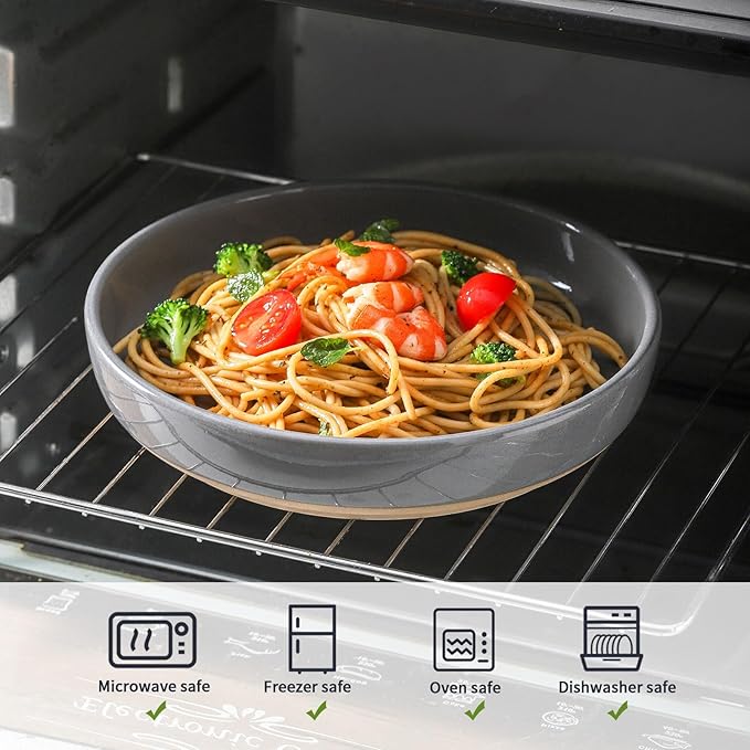 Pasta Bowls 26 OZ,Ceramic Salad Serving Bowls Set of 4,Large 8.2 inch Shallow Bowls Plates for Soup,Fruit,Noodle,Dinner,Dishwasher & Microwave Safe,Gray
