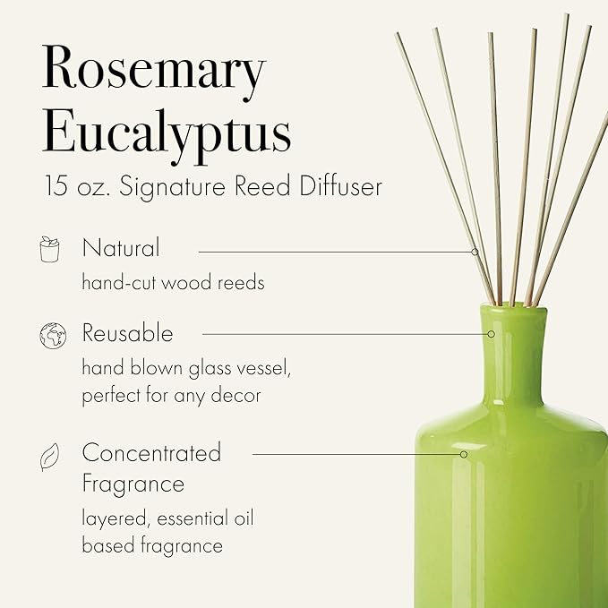 LAFCO New York Signature Reed Diffuser, Rosemary Eucalyptus - 15 oz - Up to 9 Months Fragrance Life - Reusable, Hand Blown Glass Vessel - Natural Wood Reeds - Made in The USA