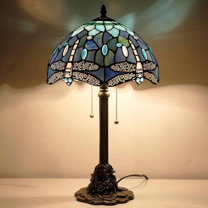 Tiffany Stained Glass Table Lamp 12X12X21Inch Resin Base Desk Bedroom Living Room Reading Light (Blue Dragonfly)