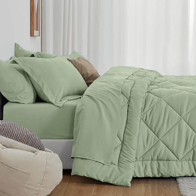 Love's cabin King Size Comforter Set Sage, 7 Pieces King Bed in a Bag, All Season Bedding Sets with 1 Comforter, 1 Flat Sheet, 1 Fitted Sheet, 2 Pillowcase and 2 Pillow Sham