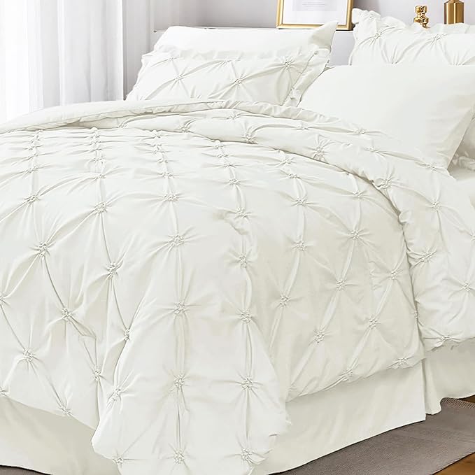 JOLLYVOGUE Ivory King Size Comforter Sets 7 Pieces, Pintuck Bed in a Bag Comforter Set for Bedroom, Bedding Comforter Sets with Comforter, Sheets, Ruffled Shams & Pillowcases