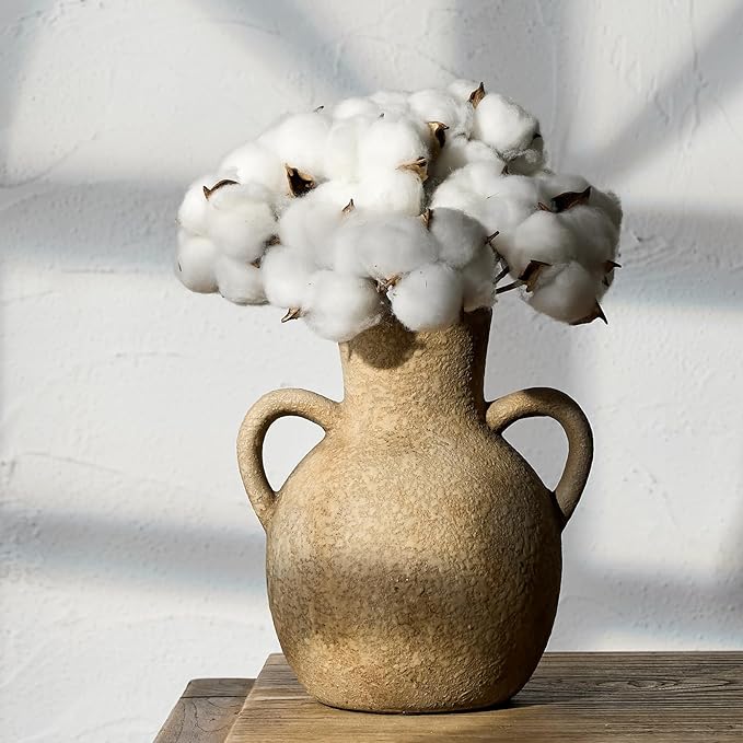 SIDUCAL Rustic Ceramic Farmhouse Flower Vase with 2 Handles, Terracotta Vase, Decorative Pottery Flower for Home Decor, Table, Wedding, Living Room, Shelf Decor, 7.3 Inch, Brown