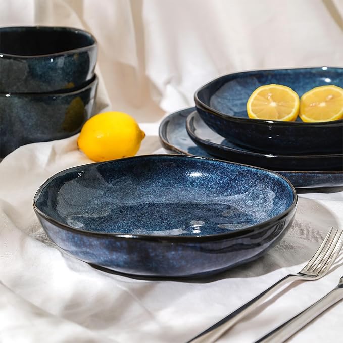 Stone Lain Mirella 4-Piece Pasta Bowl Set Stoneware, Microwave and Dishwasher safe, Blue