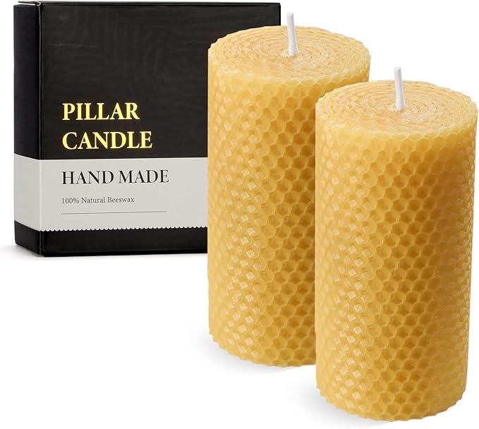 Drippless Beeswax Pillar Candle - Set of 2 - Hand Rolled Pure Natural Beeswax Candles 2 x 4 inch, Honeycomb Surface - Great for Home Decor, Best Choice for Mother Father or Sister Gift - Yellow