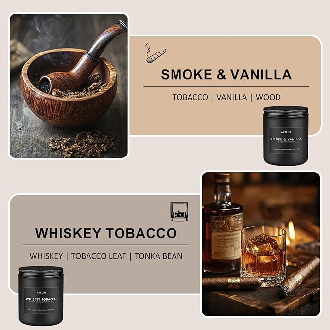 2 Pack Candle | Smoke & Vanilla + Whiskey Tobacco - Candles for Men - Masculine Candle, Soy Candles for Home Scented - Gifts for Men, Home Fragrance Manly Gifts - Each of 7oz