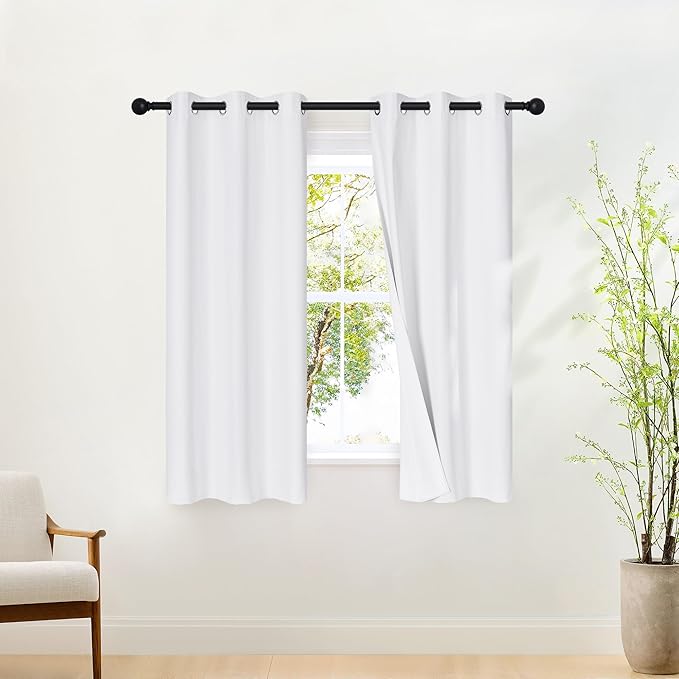 NICETOWN 100% Blackout White Curtains 63 inch Length, Grommet Thermal Insulated Window Treatment Heat Reducing Drapes for Bedroom/Kids Room, W37 x L63, 2 Panels