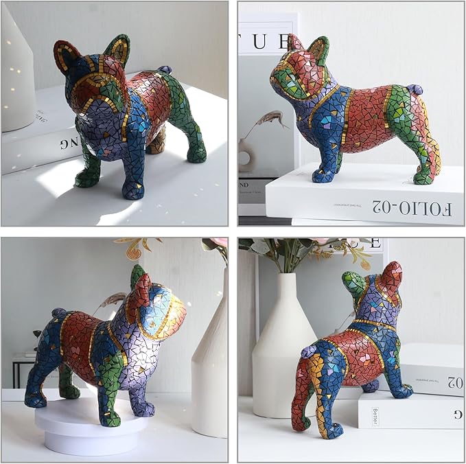 Lukitas French Bulldog Statue Home Decor, Colorful Dog Sculpture, Mosaic Animal Ornament Figurine for Living Room Office Garden Yard, Resin 7.5''