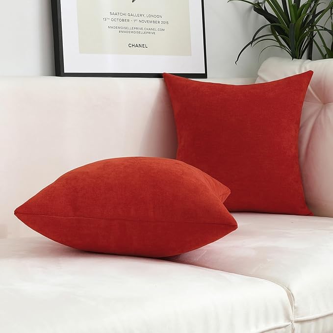 Jeneoo Orange Red Decorative Throw Pillow Covers Soft Chenille Comfy Solid Couch Cushion Cases Decor (Set of 2, 16 x 16 Inches)