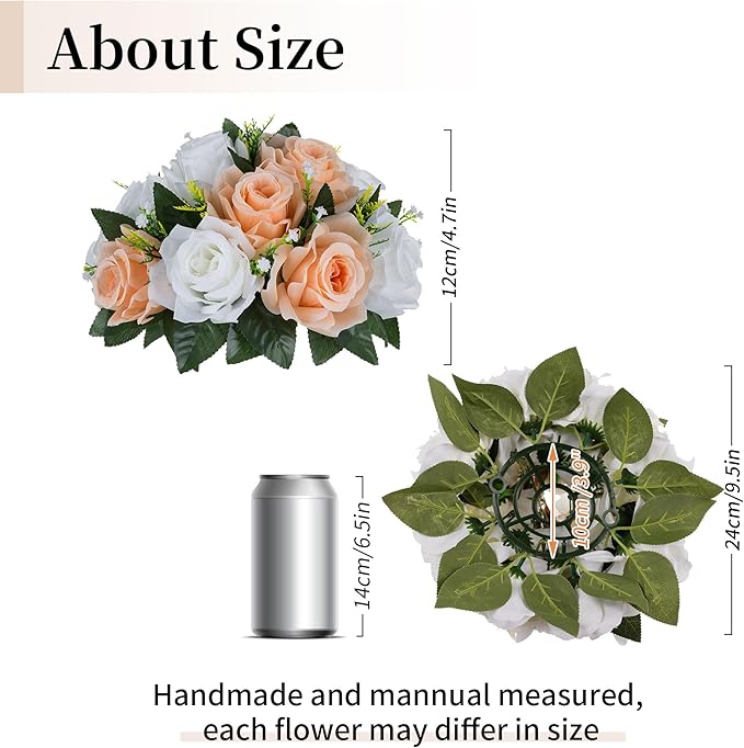BLOSMON Flower Ball Centerpieces for Tables: 2pcs 9.5 Inch Peach Fuzz Fake Rose Flowers Kissing Balls Artificial Wedding Floral Arrangements Silk Bouquet with Base Home Party Room DIY Decorations