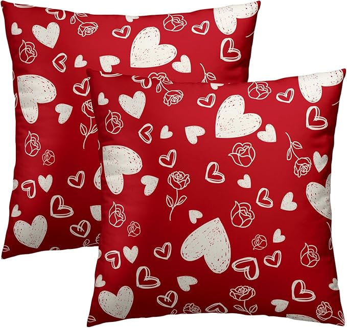 Valentines Pillow Cover - Red Hearts Throw Pillow Covers 16x16 Set of 2 Rose Flower Decorative Pillowcases for Couch Sofa Bedroom